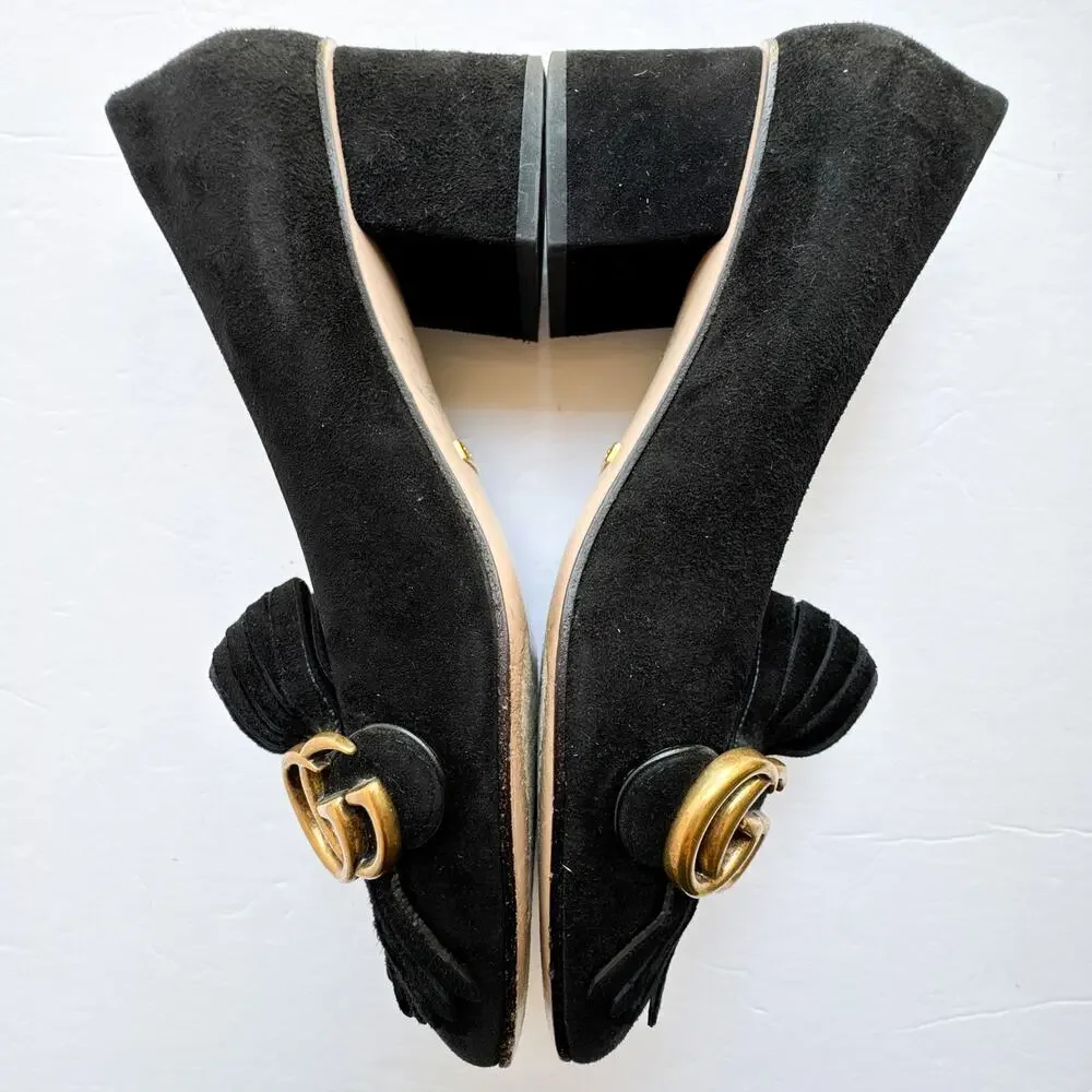 Gucci GG Marmont Fringe Block Heel Pumps Black Suede 39 - Picture 7 of 13